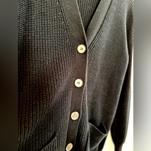 LOFT Long Cardigan 100% Cotton Shaker Stitch Pockets Black M EUC - Picture 2 of 4